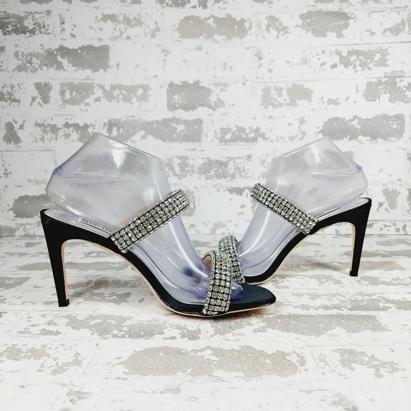 New Badgley Mischka Sade Black Rhinestone Strap Heeled Sandals K1023 - Picture 3 of 11